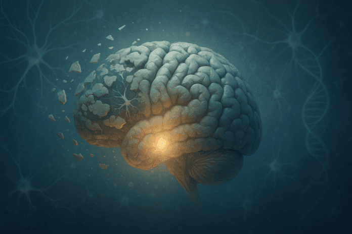 Human brain composed of fragmented memory pieces with glowing synapses and DNA strands in the background, symbolizing the healing potential of amnesia medication.