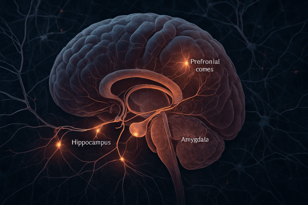 Neural pathways between the hippocampus, amygdala, and prefrontal cortex glowing with activity, illustrating how brain structures involved in memory function are impacted by amnesia medication