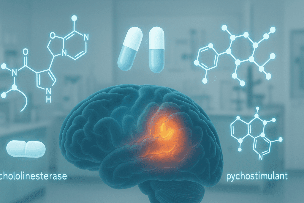 Stylized medical illustration showing amnesia medication types like cholinesterase inhibitors, nootropics, and psychostimulants above a glowing human brain in a clinical lab setting.