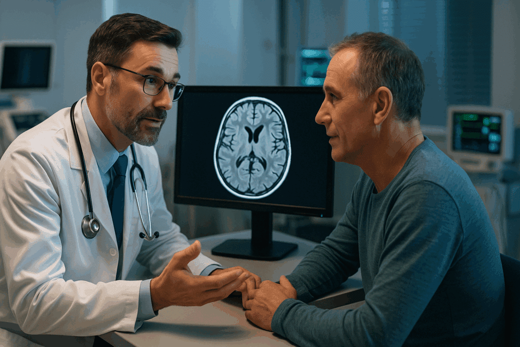 Doctor discussing a digital brain scan with a patient in a high-tech clinic, exploring personalized treatment options for amnesia medication.