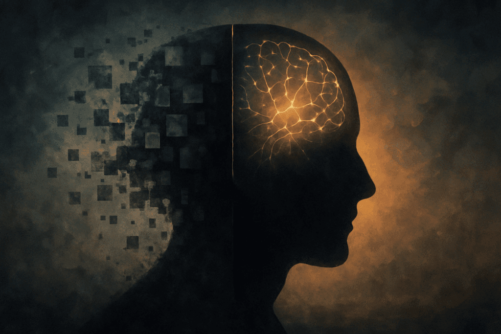 Split-view silhouette of a human head symbolizing the effects of amnesia medication, with one half showing fragmented memories fading into darkness and the other half illuminated by restored brain connectivity.