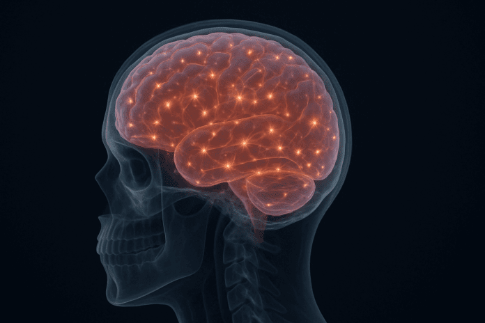 Realistic rendering of the cerebrum glowing with neural activity inside a transparent skull, illustrating what part of the brain controls memory and cognition