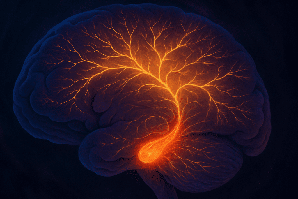 Conceptual brain illustration showing what part of the brain controls memory, with glowing neural pathways linking the hippocampus and neocortex.