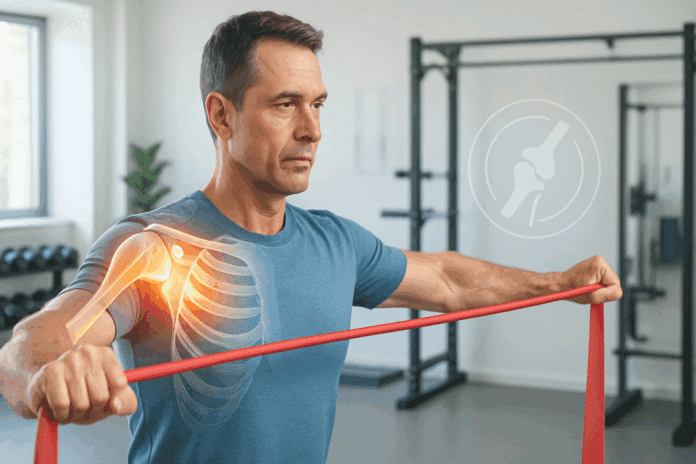 Man performing resistance band shoulder exercise in a rehab gym, demonstrating one of the best exercises for shoulder impingement syndrome