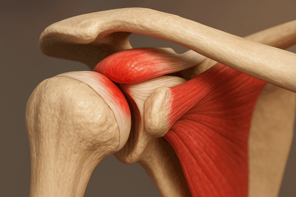 3D medical illustration of shoulder impingement showing tendon compression and inflammation, supporting article on best exercises for shoulder impingement syndrome