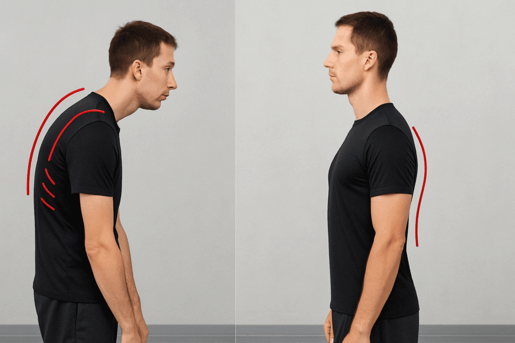 Side-by-side comparison of poor and corrected posture highlighting biomechanical alignment differences relevant to the best exercises for shoulder impingement syndrome