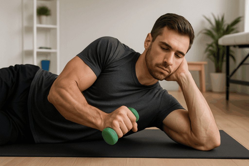 Man performing sidelying dumbbell external rotation on a mat in a rehab setting, one of the best exercises for shoulder impingement syndrome