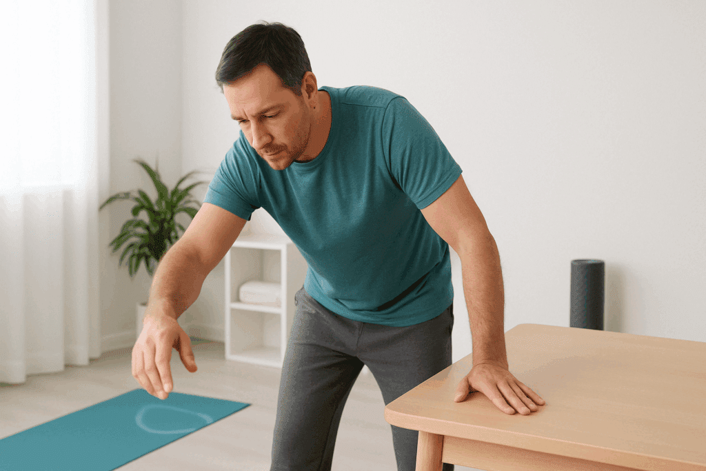 Man performing a pendulum swing arm exercise in a rehab setting, one of the best exercises for shoulder impingement syndrome