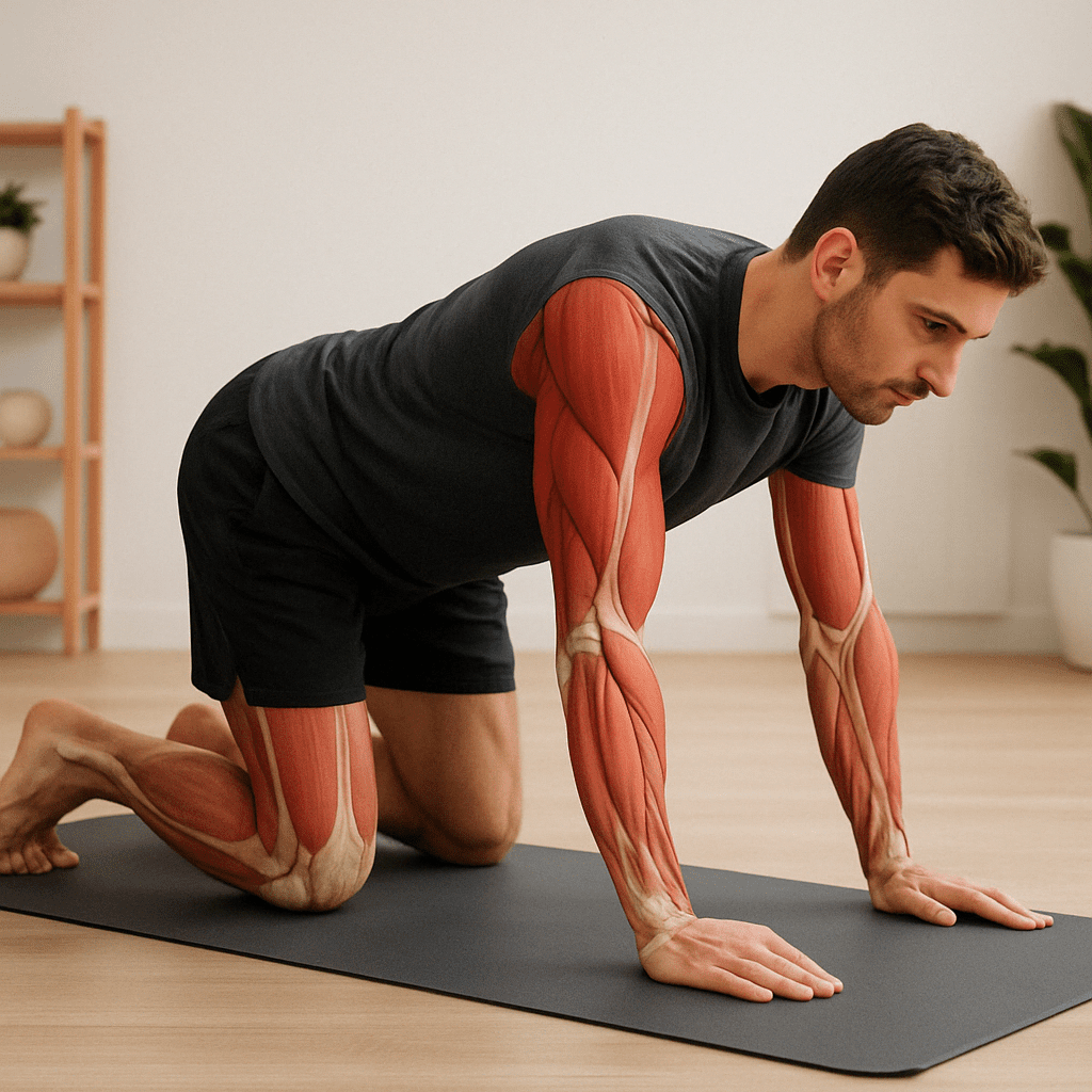 Man performing a quadruped weight shift in a rehab studio as part of the best exercises for shoulder impingement syndrome