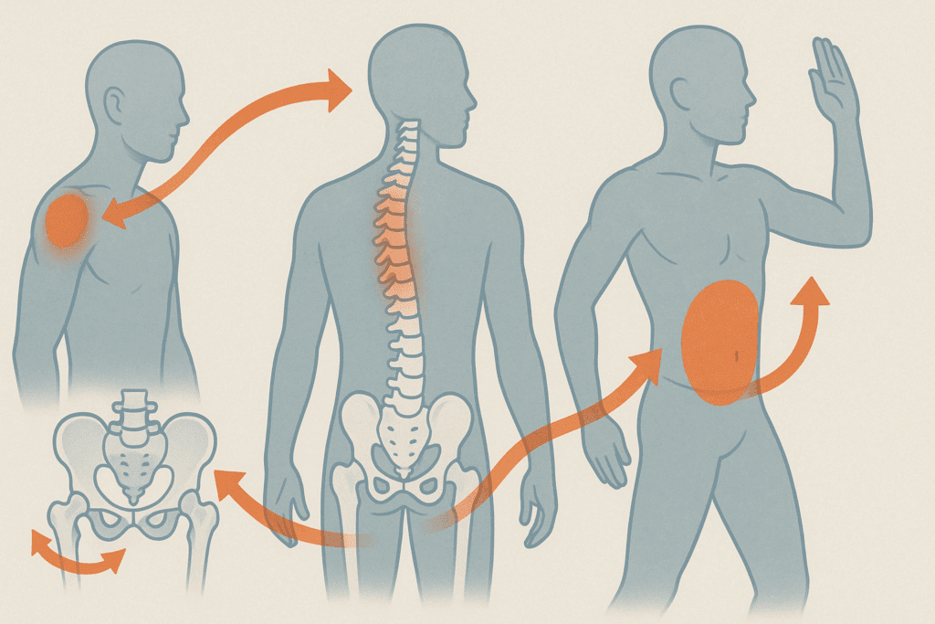 Infographic showing the kinetic chain’s role in shoulder dysfunction, highlighting interconnected body areas relevant to the best exercises for shoulder impingement syndrome