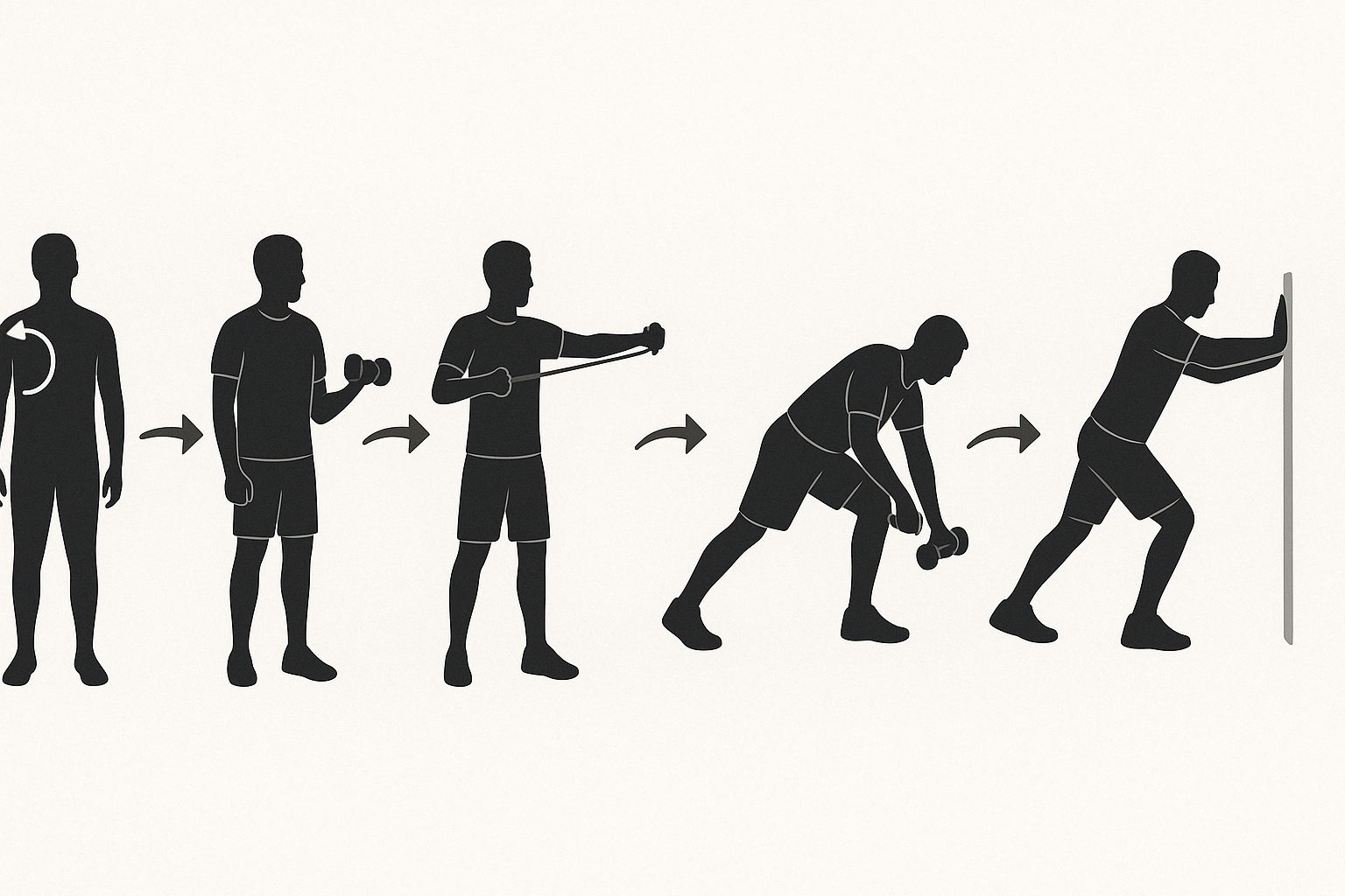 Silhouette infographic showing the best exercises for shoulder impingement syndrome, progressing from gentle mobility to functional resistance training.