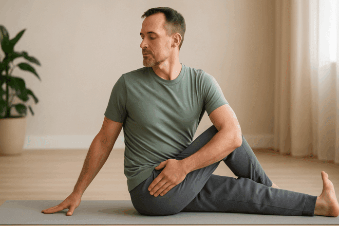 Middle-aged man doing a seated spinal twist stretch indoors to demonstrate the best way to relieve lower back strain