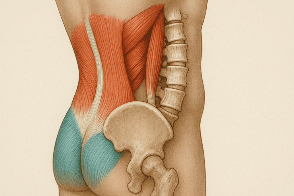Anatomical illustration showing lumbar muscles and spine structure to explain the best way to relieve lower back strain