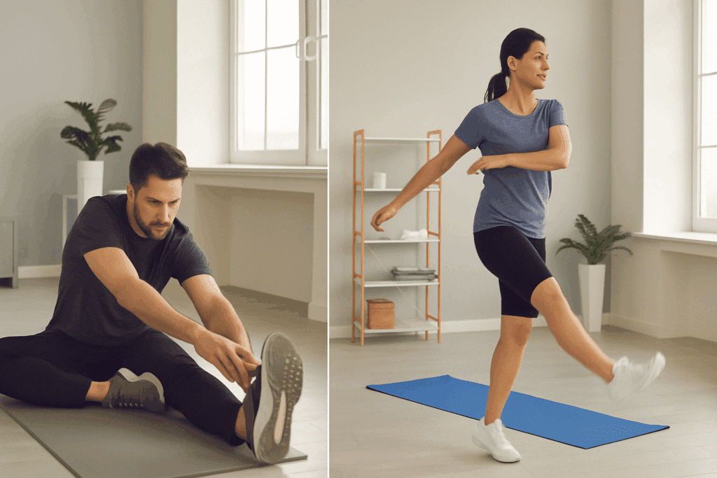 Split-screen image of two people in a therapy studio demonstrating the best way to relieve lower back strain—one doing a static hamstring stretch, the other performing dynamic torso and leg movements.