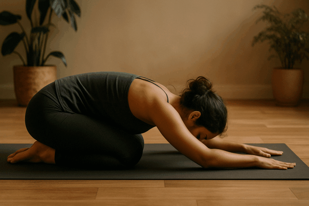 Woman in child’s pose on a yoga mat in a calming home studio, demonstrating the best way to relieve lower back strain through stretching.
