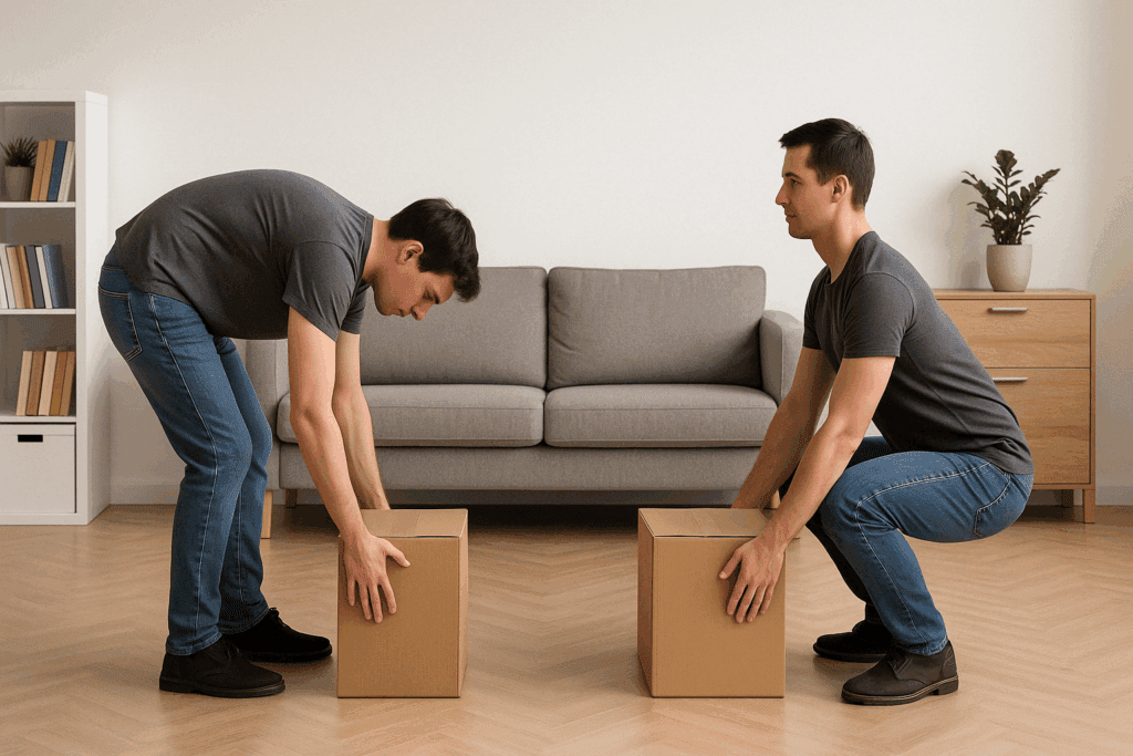 Side-by-side comparison of proper and improper lifting techniques indoors, illustrating the best way to relieve lower back strain
