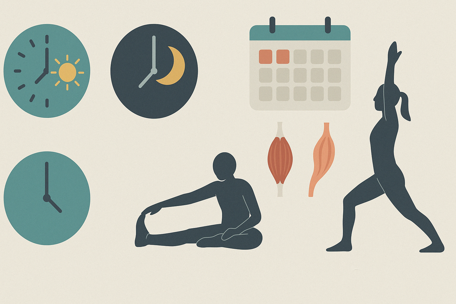 Infographic showing the best way to relieve lower back strain through weekly stretching routines with morning and evening sessions, clocks, calendar, and static vs dynamic stretch visuals