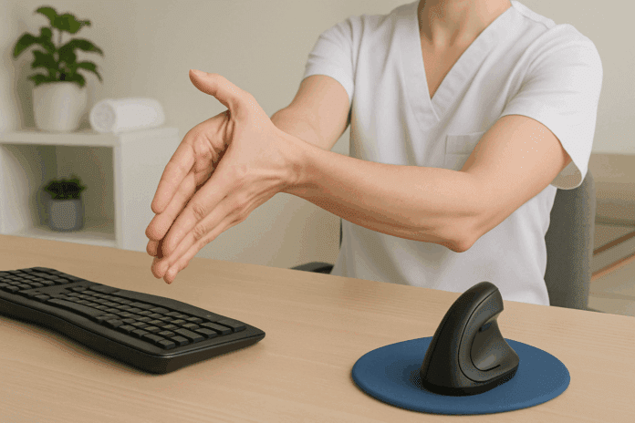 Person performing wrist tendon glide at ergonomic desk setup as part of the best tendon glides and median nerve exercises for carpal tunnel relief.