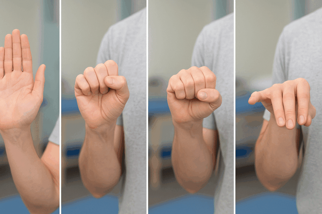 Step-by-step demonstration of hand positions for tendon glides—straight hand, hook fist, full fist, and tabletop—for the best tendon glides and median nerve exercises for carpal tunnel relief.