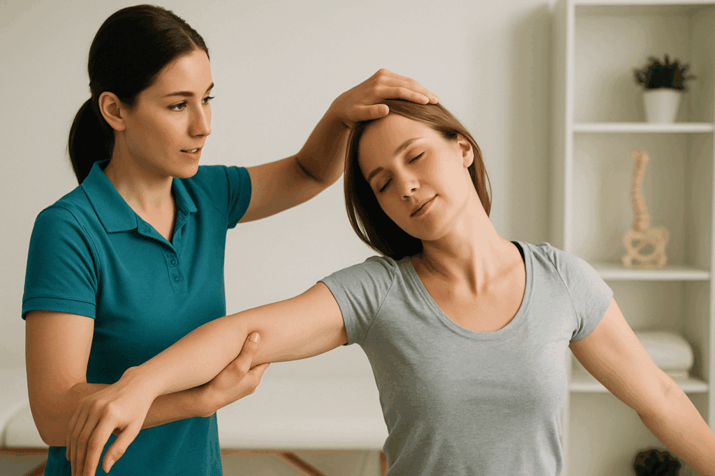 Physical therapist assisting a patient with shoulder and neck stretches in a clinical setting as part of the Best Tendon Glides and Median Nerve Exercises for Carpal Tunnel Relief.