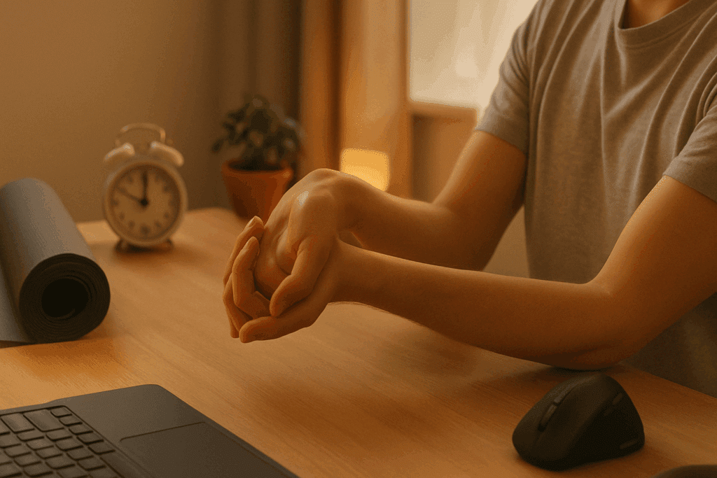 Person doing gentle wrist stretch at a desk with ergonomic tools and yoga mat nearby, illustrating best tendon glides and median nerve exercises for carpal tunnel relief.