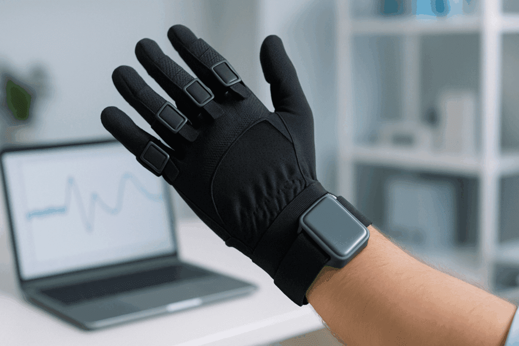 Sensor-equipped glove and wearable tracker monitoring hand movement during Best Tendon Glides and Median Nerve Exercises for Carpal Tunnel Relief.