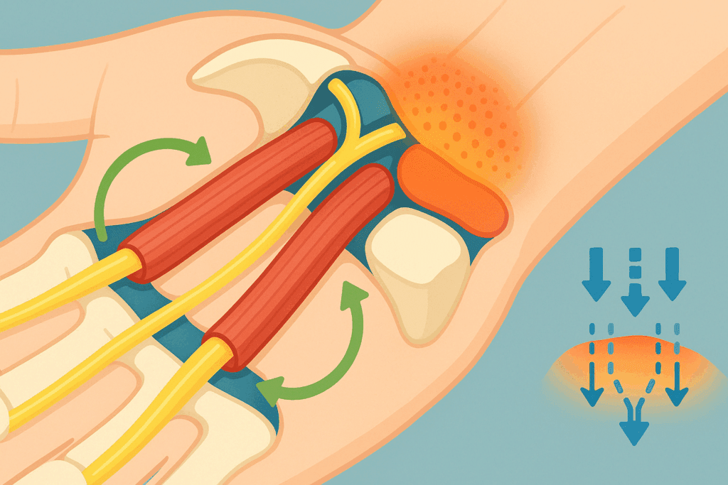Anatomical infographic showing tendon glides and median nerve exercises inside the carpal tunnel, illustrating how the best tendon glides and median nerve exercises for carpal tunnel relief improve nerve mobility and reduce inflammation