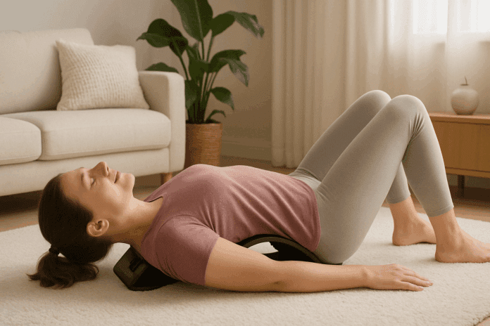 Woman lying on the best back stretcher for lower back pain in a serene home setting with knees bent and a relaxed expression.