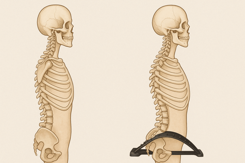 Anatomical before-and-after illustration of spinal compression and decompression using the best back stretcher for lower back pain, highlighting lumbar curve restoration