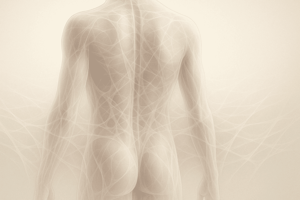 Medical illustration of the fascial network connecting the lower back, hips, and legs, showing how tension impacts alignment—relevant to the best back stretcher for lower back pain.