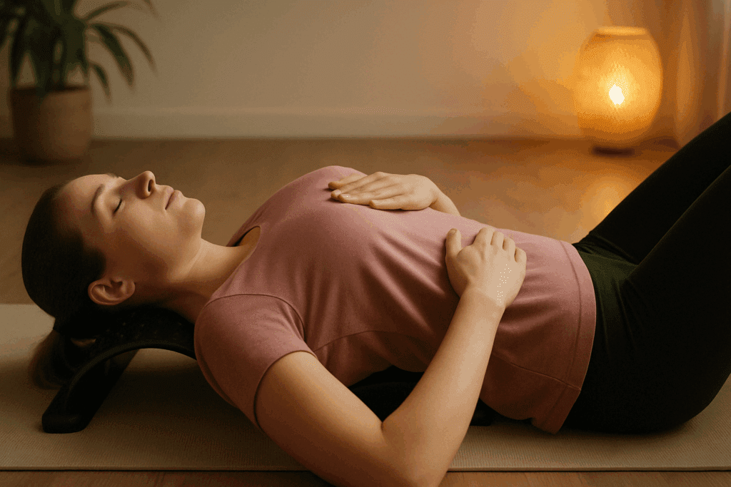 Woman practicing diaphragmatic breathing on the best back stretcher for lower back pain in a peaceful room with warm ambient lighting