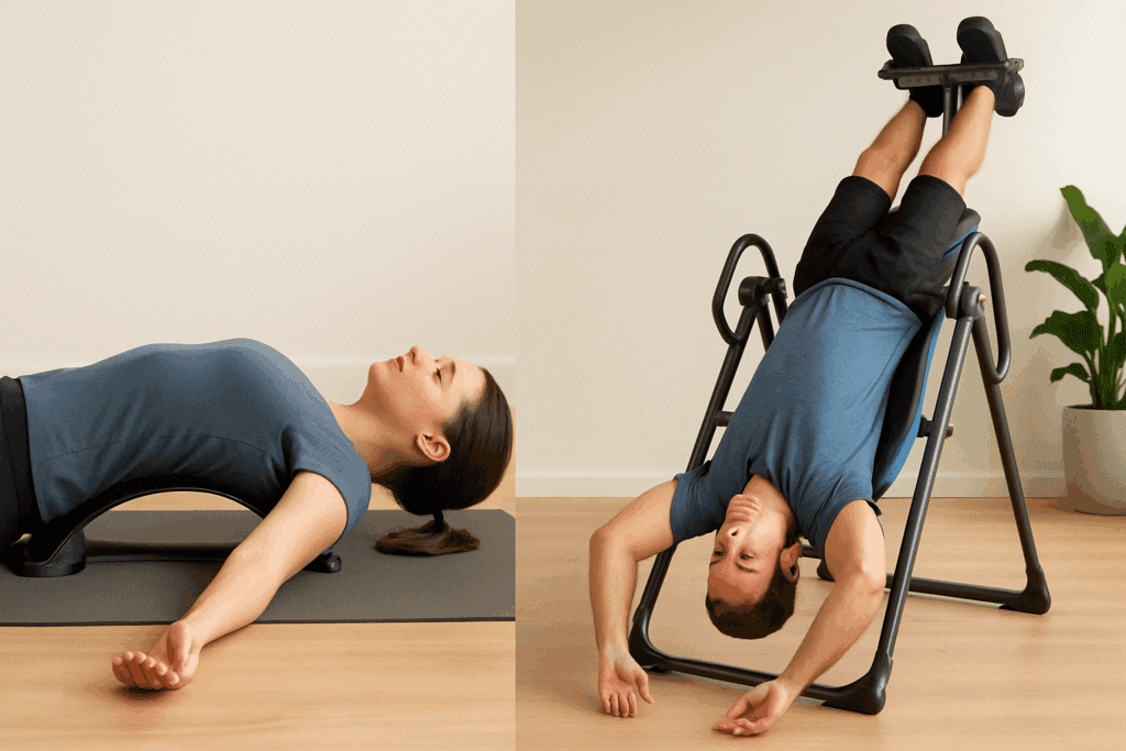 Side-by-side comparison of a person using the best back stretcher for lower back pain on a yoga mat and another person inverted on an inversion table for spinal decompression.