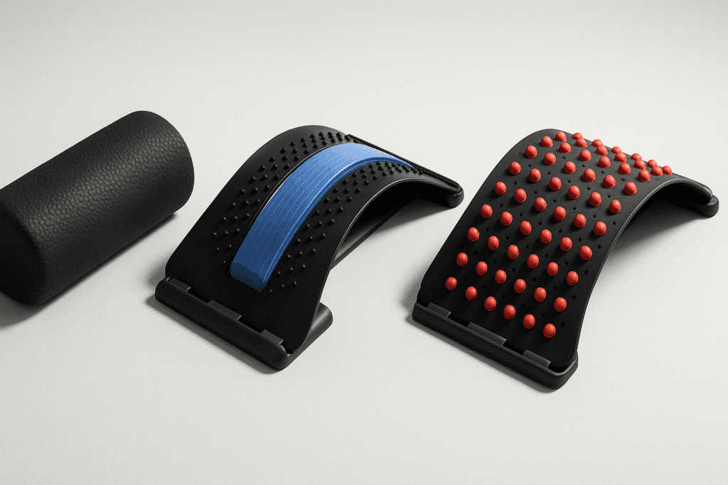 Three types of the best back stretcher for lower back pain, including a foam roller, an arched plastic stretcher, and a model with acupressure nodes on a clean surface
