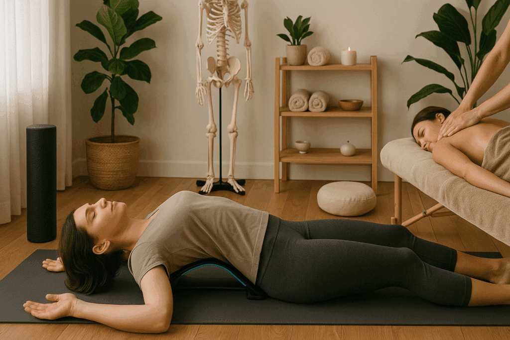 Woman using the best back stretcher for lower back pain in a peaceful therapy room with massage, foam roller, and holistic wellness elements