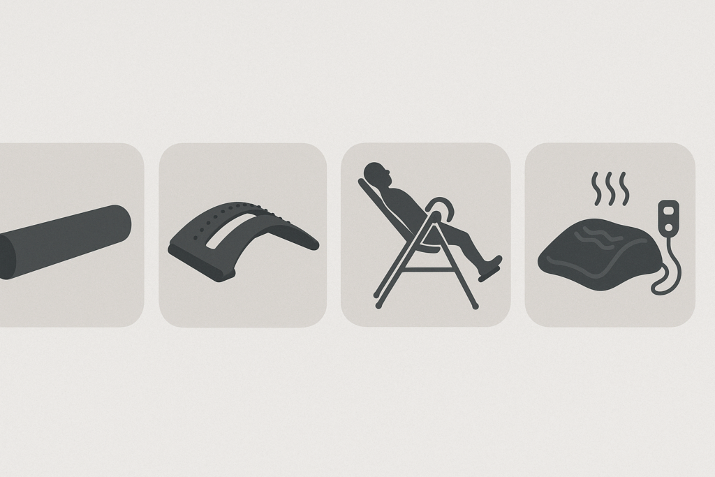 Infographic comparing four types of the best back stretcher for lower back pain, including foam roller, plastic arch, inversion table, and heated massage device