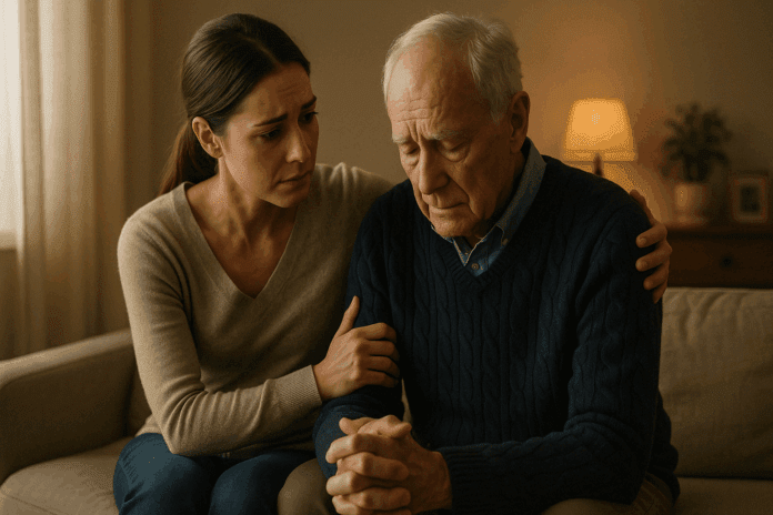 Compassionate caregiver comforting an elderly man at home, illustrating what to do if you suspect someone has dementia.
