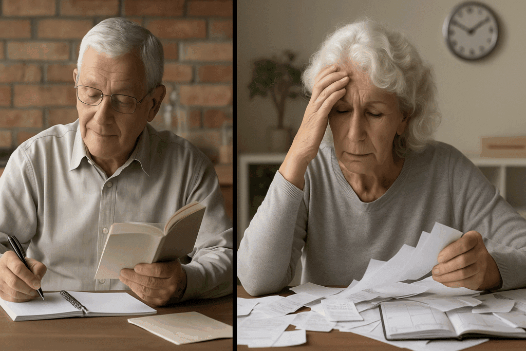 Split-screen of two seniors illustrating what to do if you suspect someone has dementia—one reading calmly, the other confused among scattered papers.