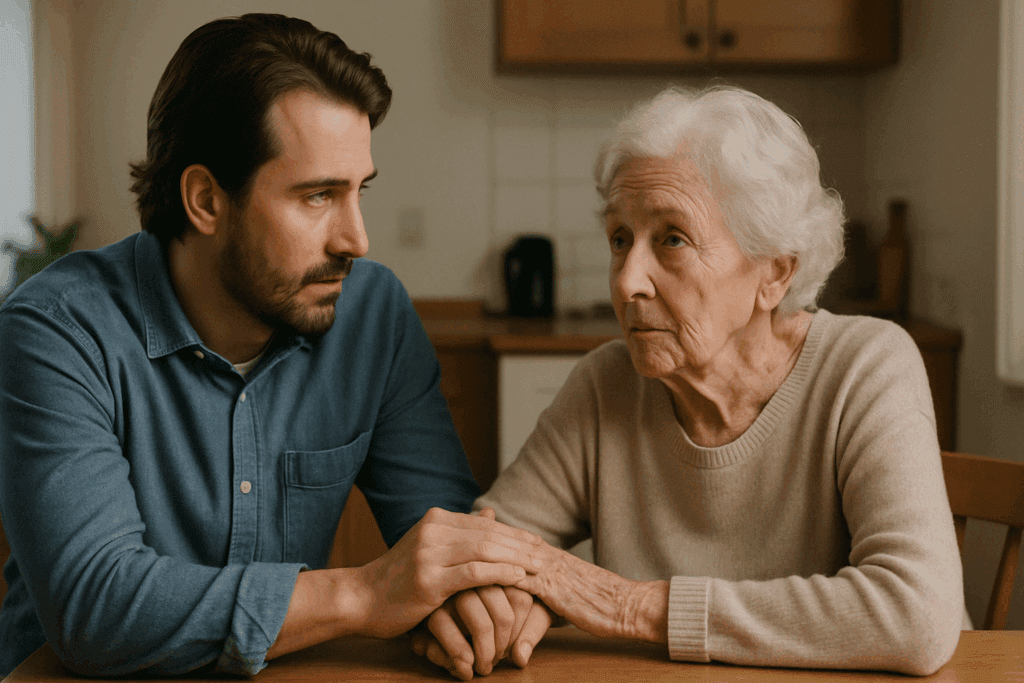 Adult child and elderly parent having a serious conversation at a kitchen table, illustrating what to do if you suspect someone has dementia.