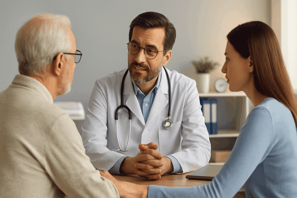 Doctor compassionately discussing care options with an older man and family member during evaluation—what to do if you suspect someone has dementia.