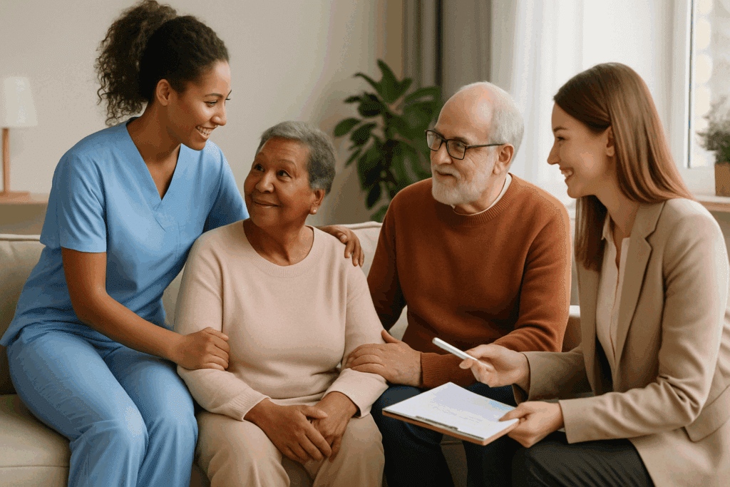 Diverse caregiving team offering support to an elderly woman in a living room, illustrating what to do if you suspect someone has dementia.