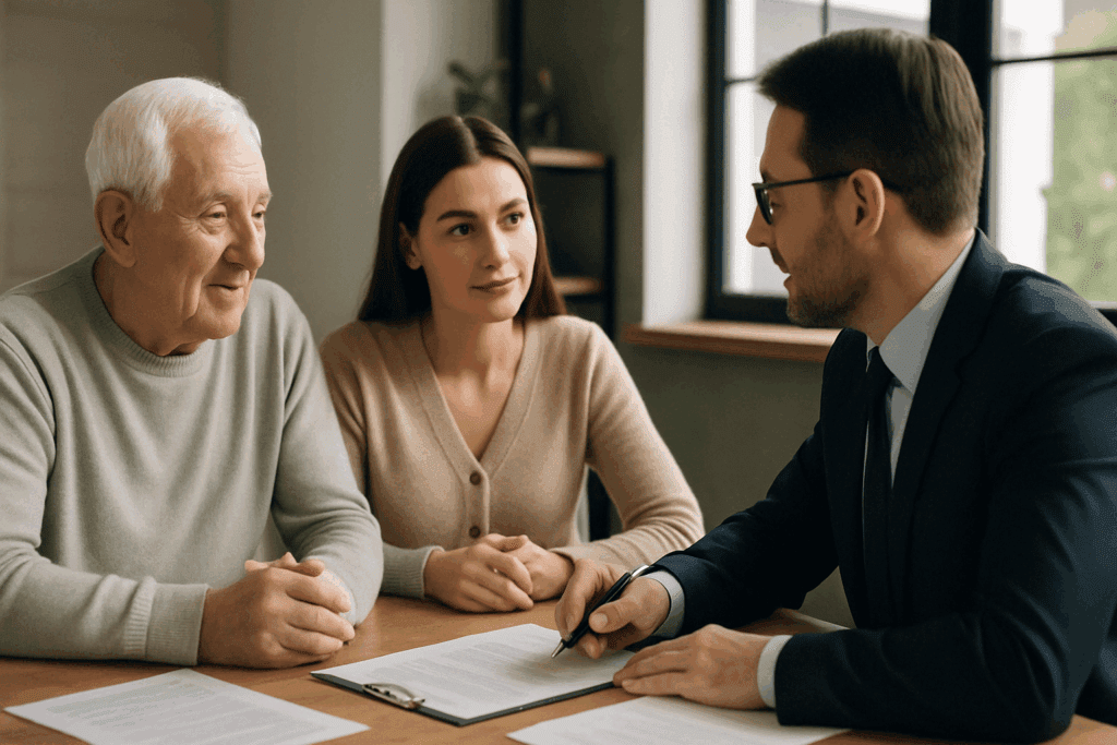 Elderly man and younger woman consulting with a financial advisor about legal planning, illustrating what to do if you suspect someone has dementia.