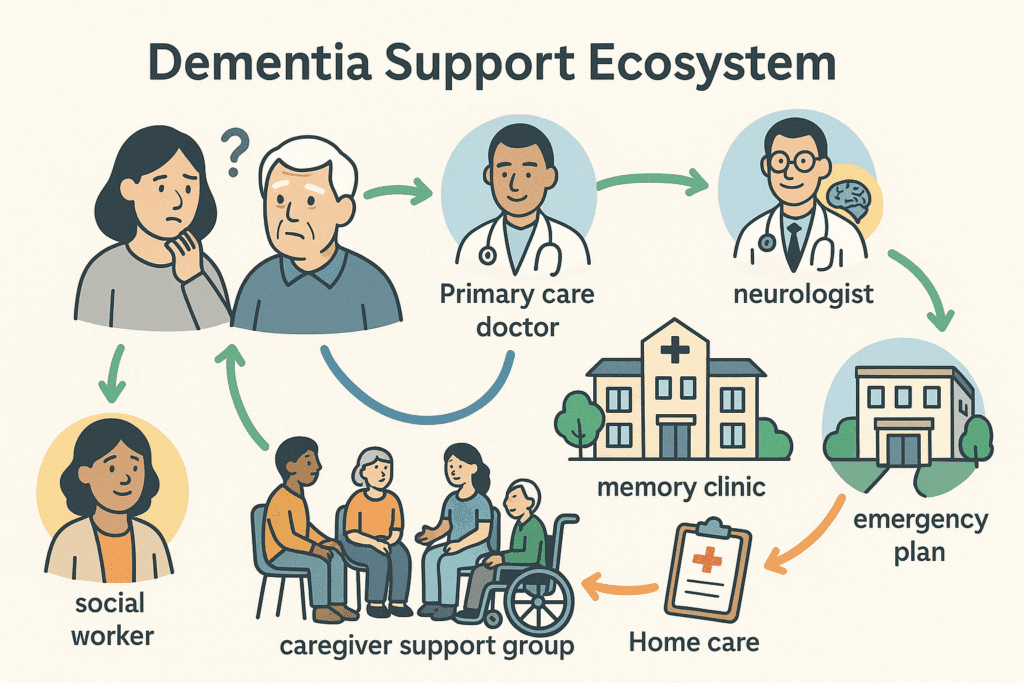 Colorful diagram showing a dementia support ecosystem, visually guiding families through resources like doctors, memory clinics, and caregiver groups—ideal for understanding what to do if you suspect someone has dementia.