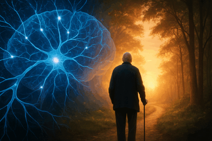 Elderly man standing at the crossroads of a glowing neural network and forest path at sunrise, symbolizing how to turn your aging brain around.
