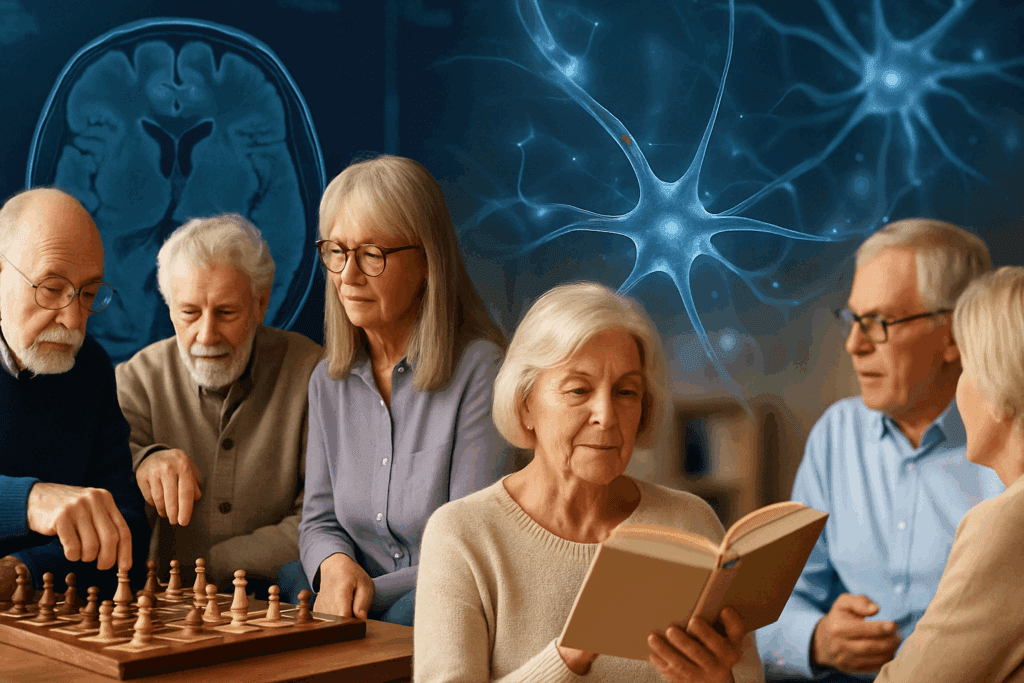Older adults playing chess, reading, and engaging in thoughtful conversation with neural imagery in the background, symbolizing how to turn your aging brain around.