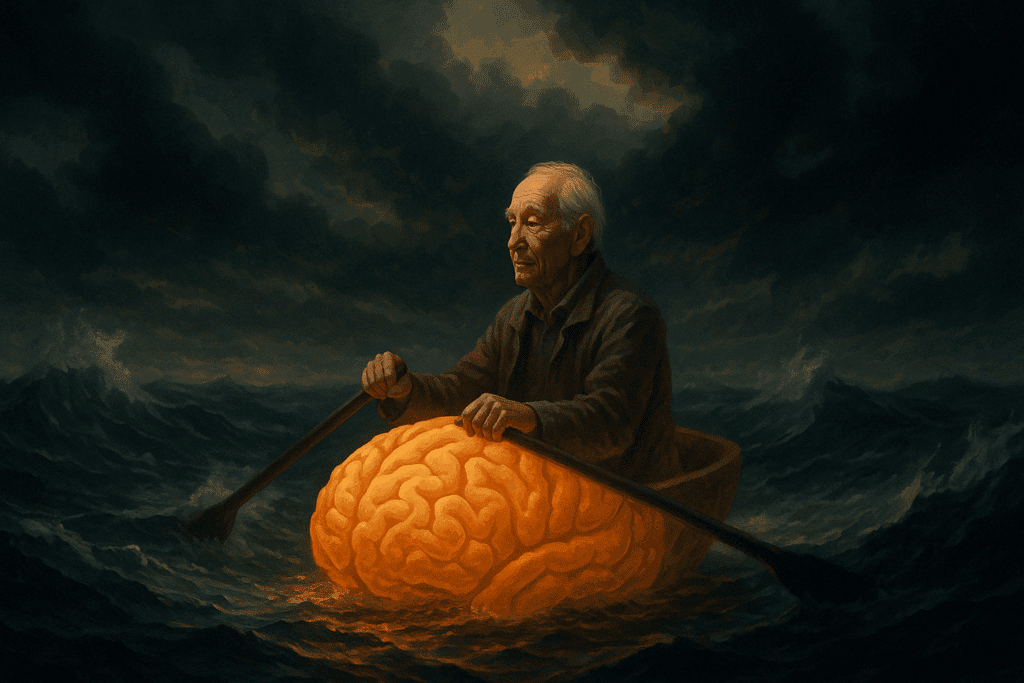 Elderly man rowing a glowing, brain-shaped boat through stormy seas, symbolizing how to turn your aging brain around with resilience and clarity.