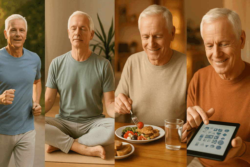 Senior man engaging in activities to turn your aging brain around, including jogging, yoga, eating Mediterranean food, and using a brain-training app.