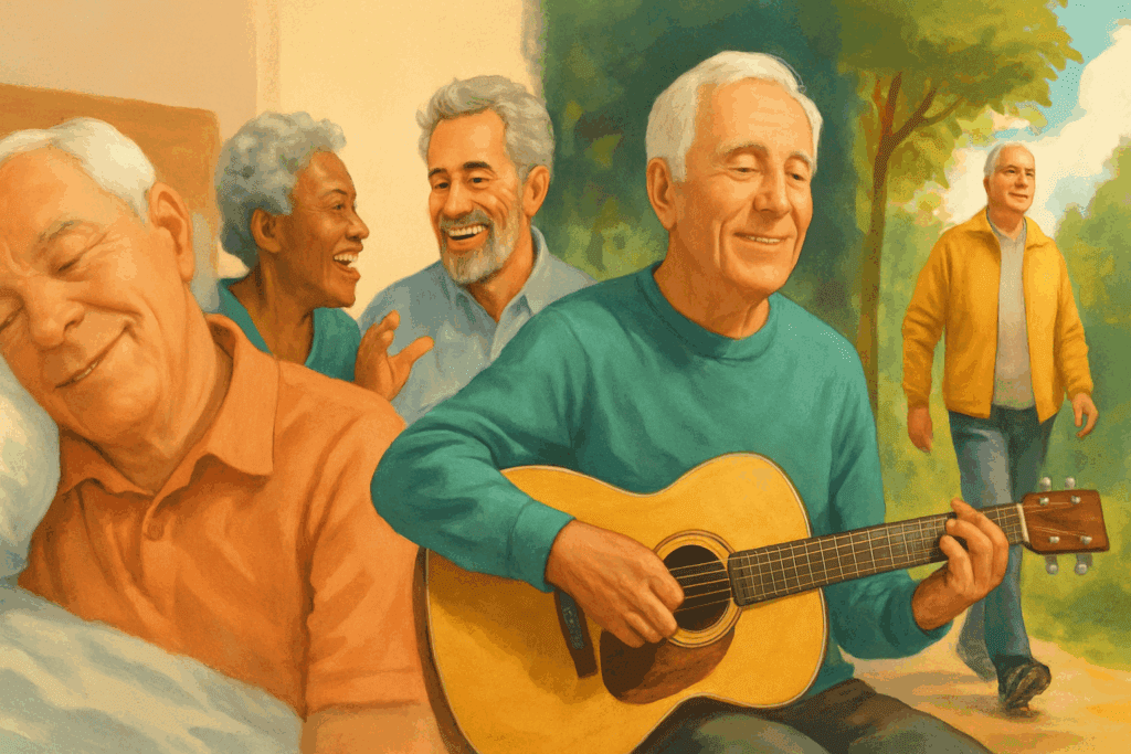 Collage of an older adult sleeping peacefully, laughing with friends, playing guitar, and walking in nature to turn your aging brain around through holistic lifestyle habits.