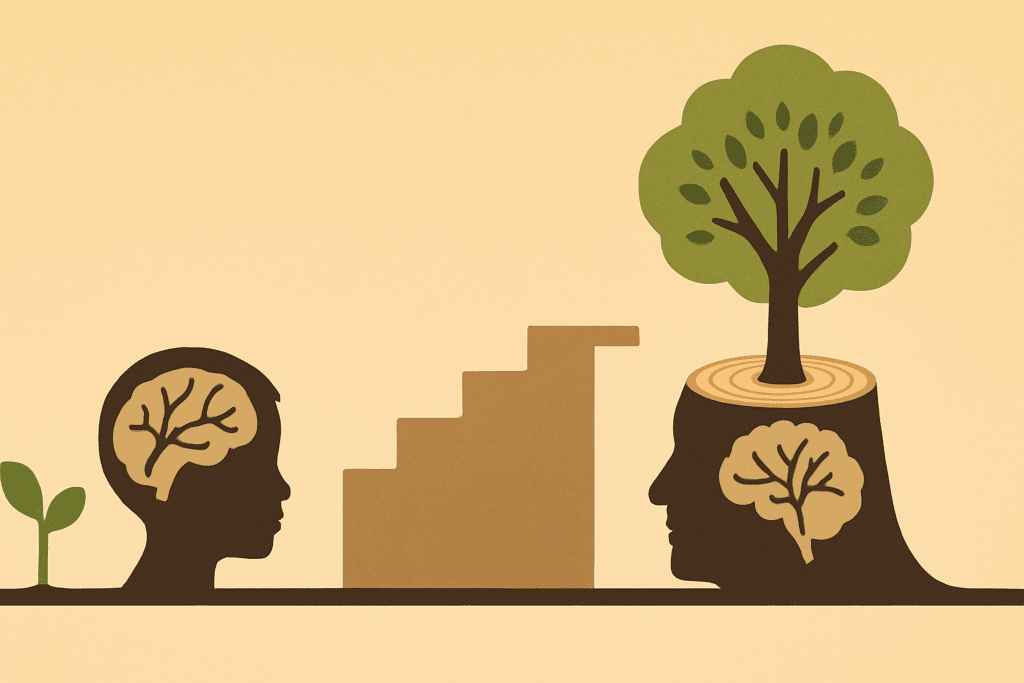 Visual metaphor showing a child’s brain as a sapling and an elderly brain as a tree with growth rings, symbolizing how to turn your aging brain around across life stages.
