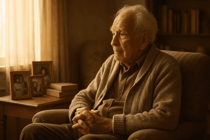 Elderly man sitting thoughtfully in a warm, sunlit room with family photos and books nearby, illustrating reflection and aging for a story on what is senile dementia.