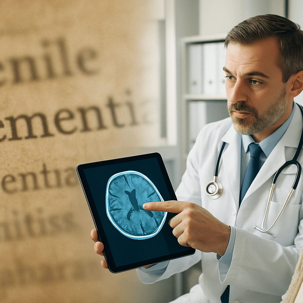 Visual comparison illustrating what is senile dementia through a split image of an old medical textbook and a modern doctor showing a brain scan on a tablet.